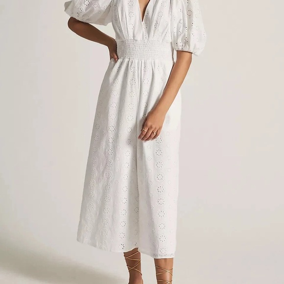 Anthropologie Hutch Cropped Jumpsuit Sz S Smocked Waist Eyelet White Wide Leg - Picture 2 of 16